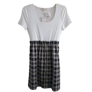 No Comment Juniors  Dress Size XL Plaid Brown White Midi Short Sleeve Tie Back